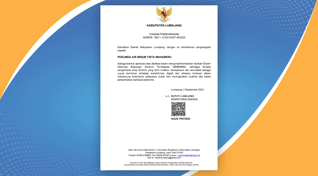 Perumdam Tirta Mahameru Terima Apresiasi Implementasi Aplikasi SRIKANDI dari Pemkab Lumajang